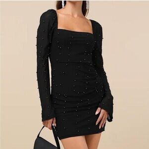 Lulus Flirty Luxury Black Mesh Pearl Long Sleeve Mini Dress